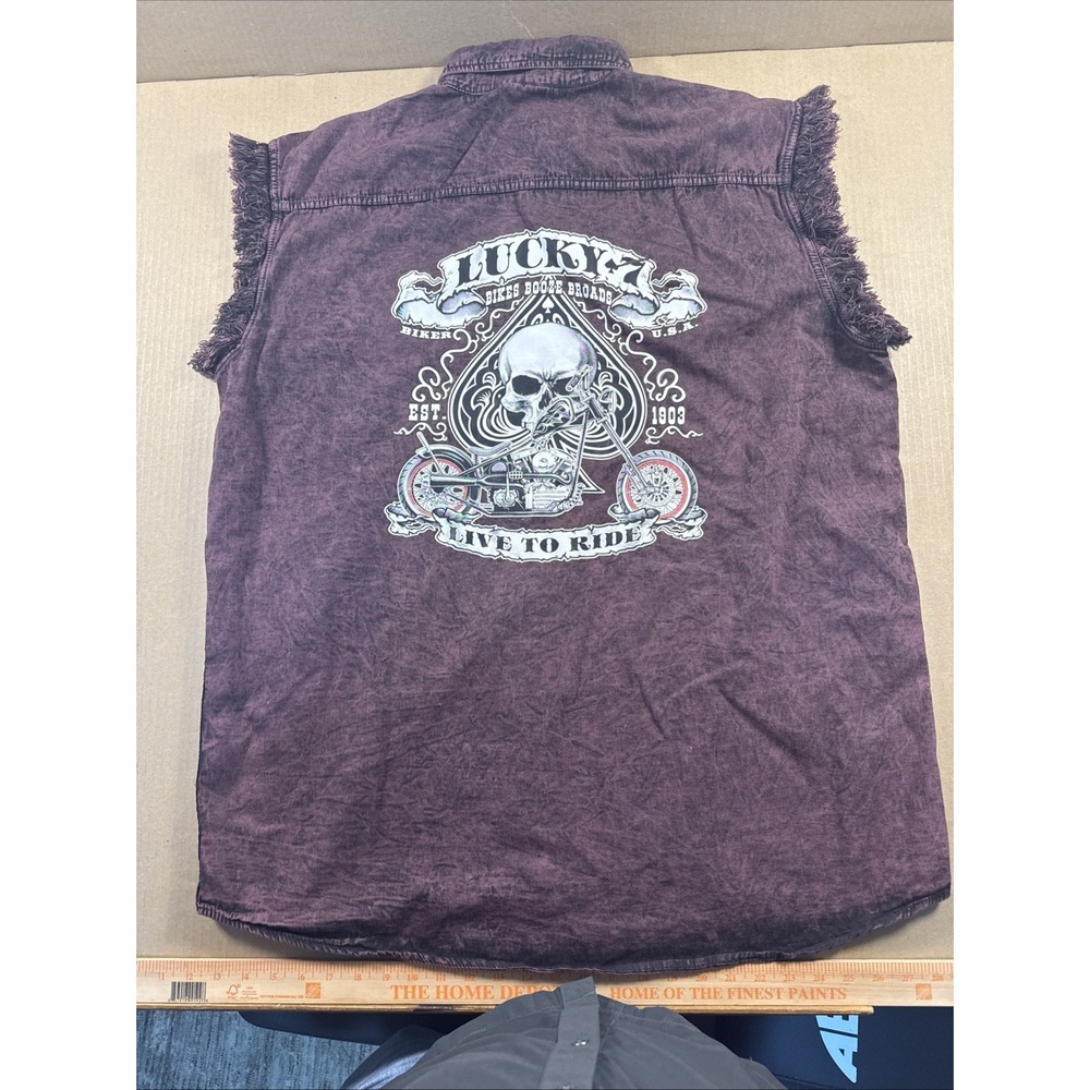Lucky 7 Skull Men's‎ Stonewashed Burgundy Sleeveless Cotton Shirt 2XL
